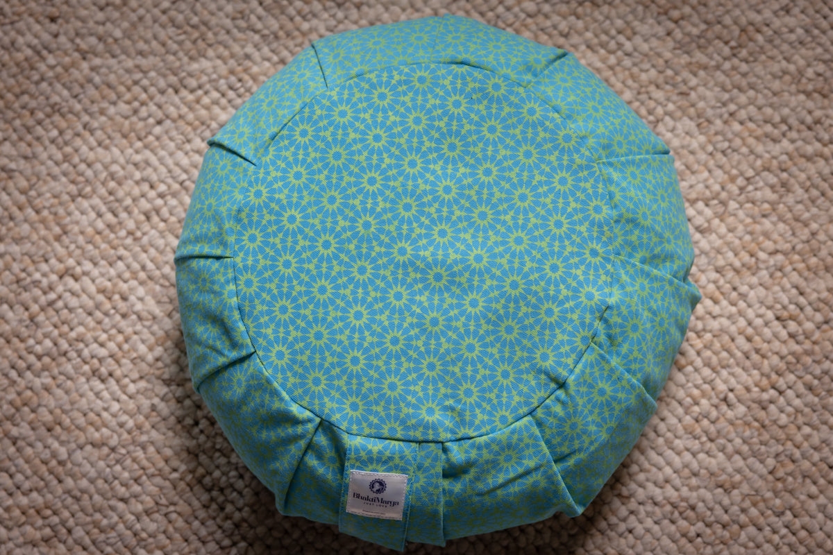 Meditation Cushion, Round pleated, Turquoise Galaxy