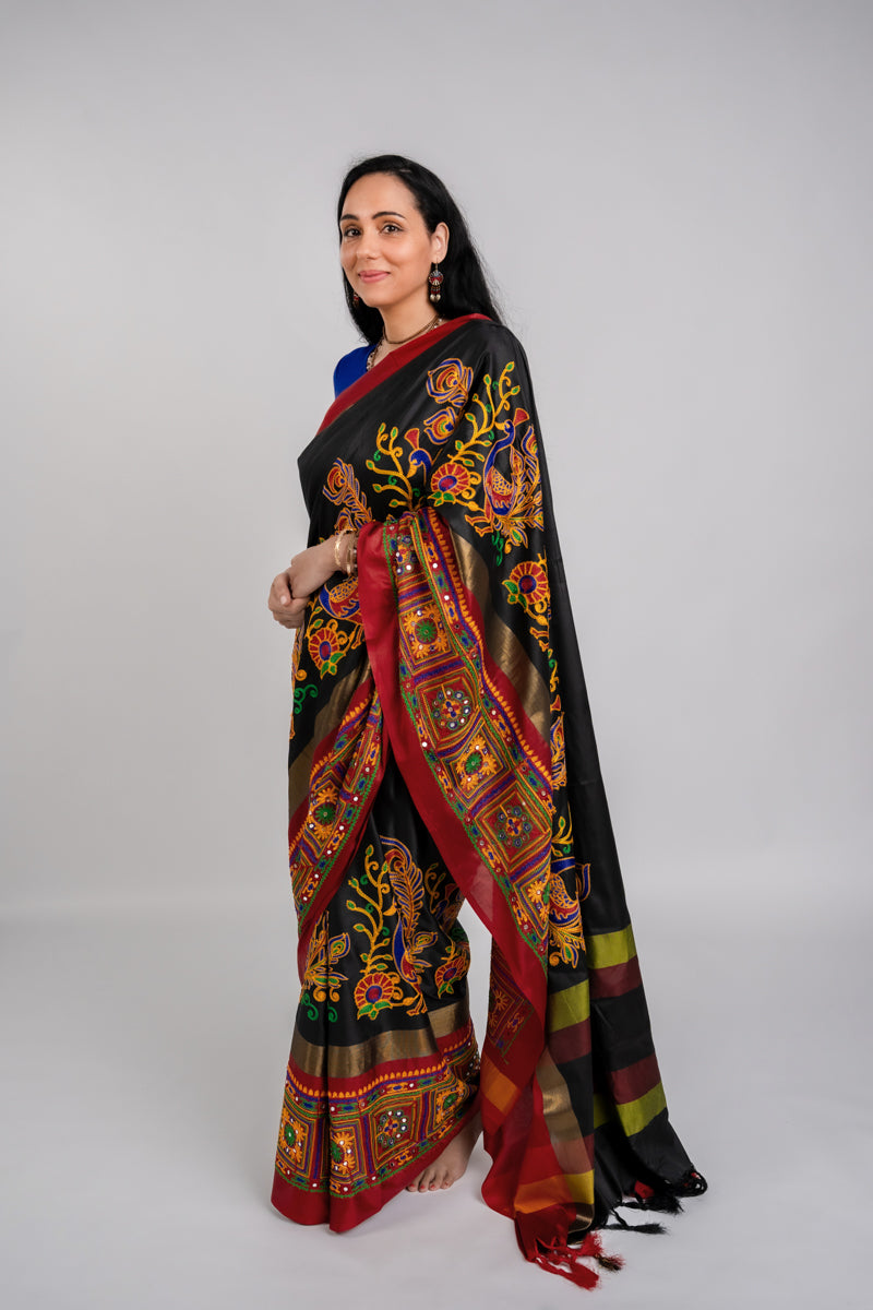 Black & Red Saree with Peacock motif