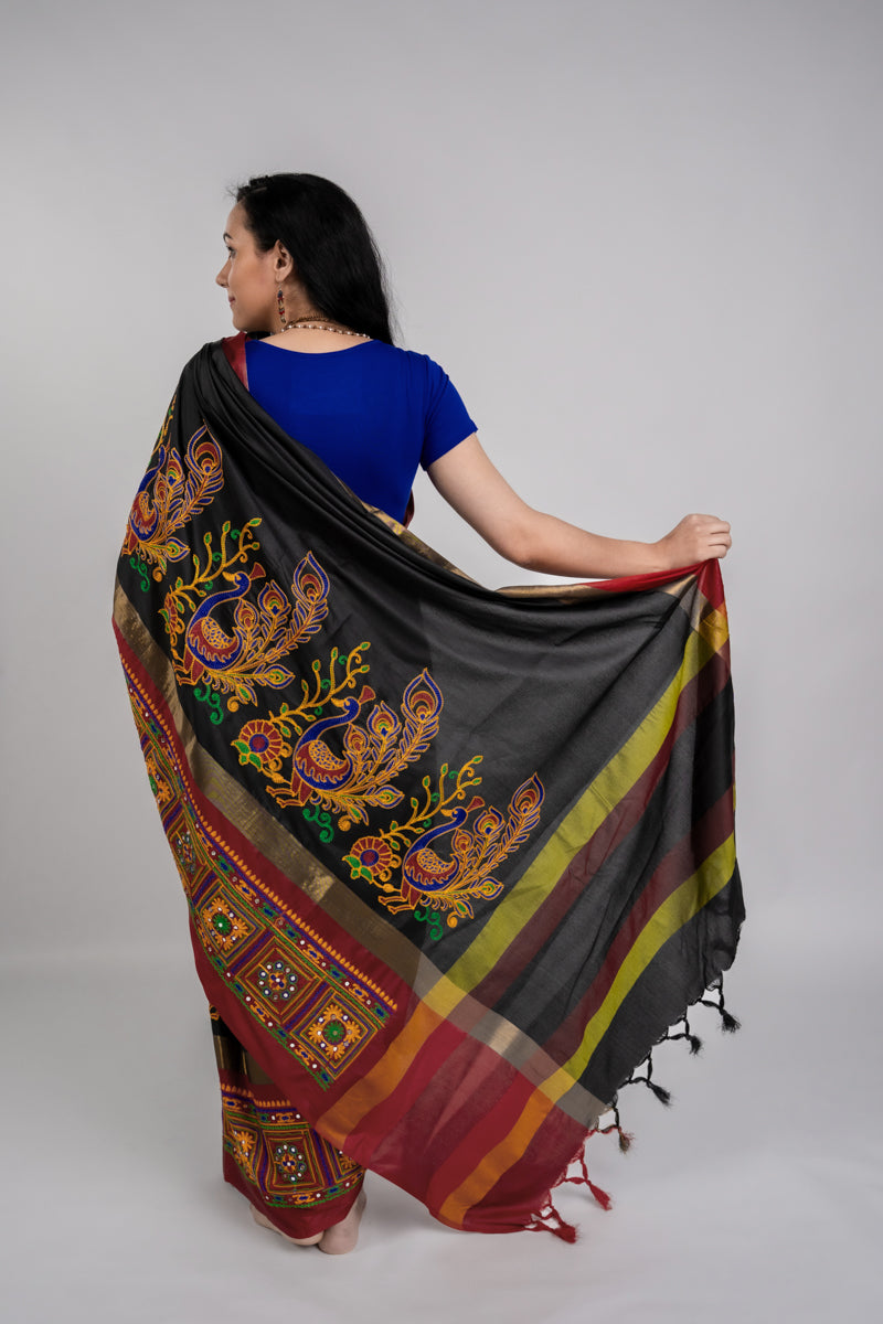 Black & Red Saree with Peacock motif