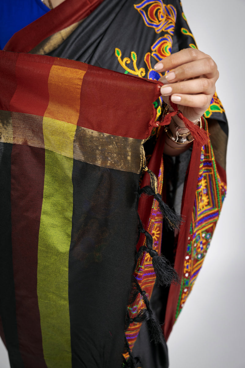 Black & Red Saree with Peacock motif