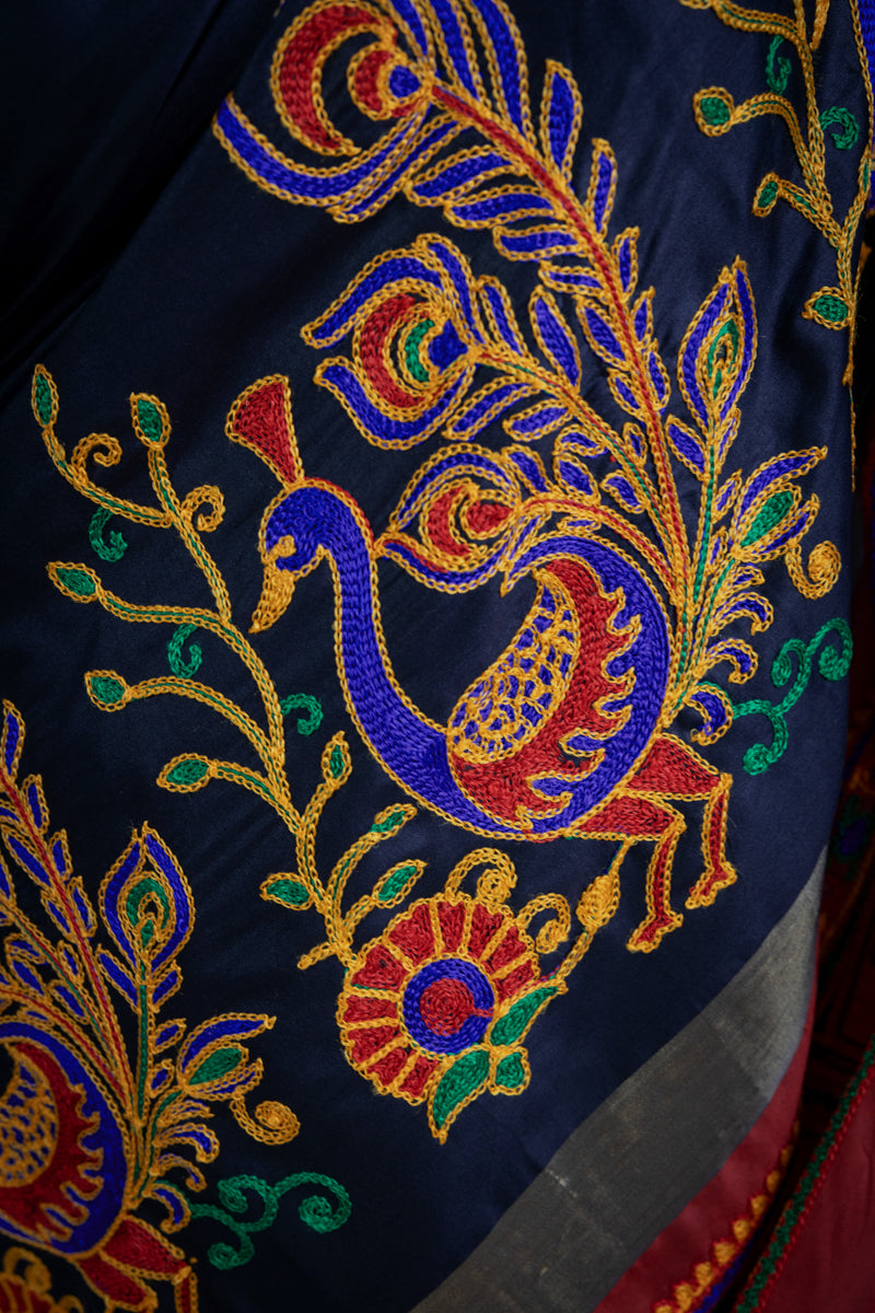 Black & Red Saree with Peacock motif