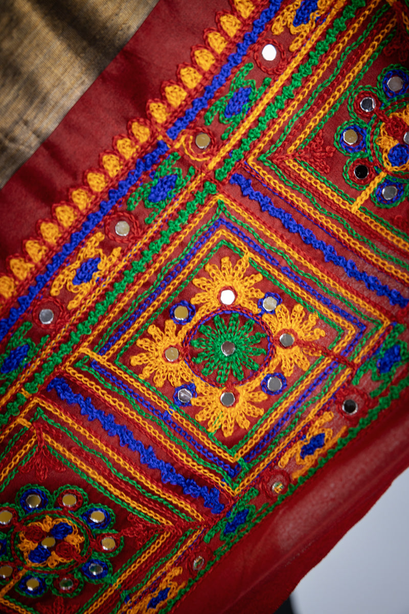 Black & Red Saree with Peacock motif