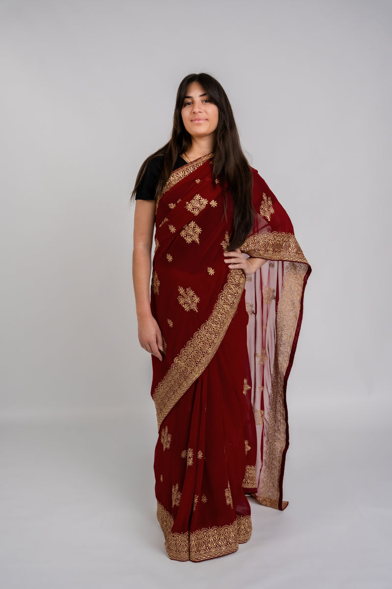 Dark Red Chinon Silk Saree