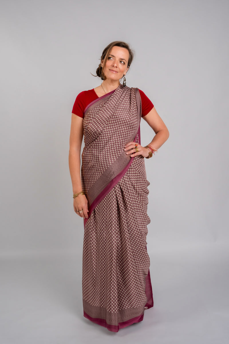 Rouge Poly Crepe Silk Saree