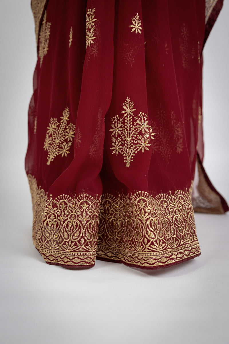 Dark Red Chinon Silk Saree