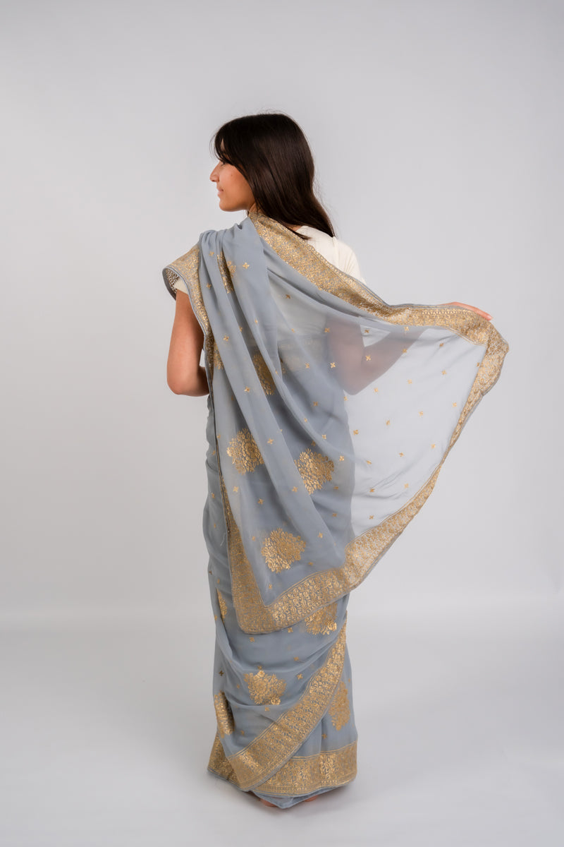 Silver Grey Chinon Silk Saree