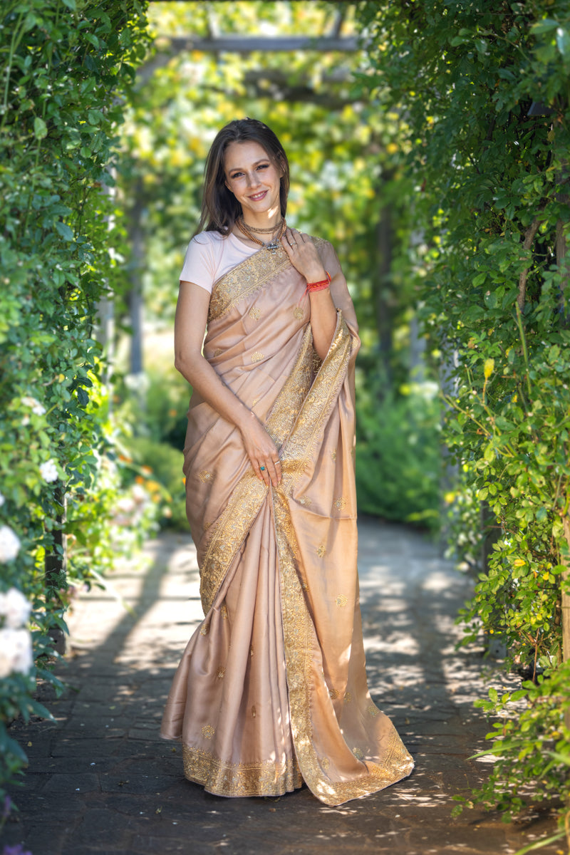 Rosy Tan Chinon Silk Saree