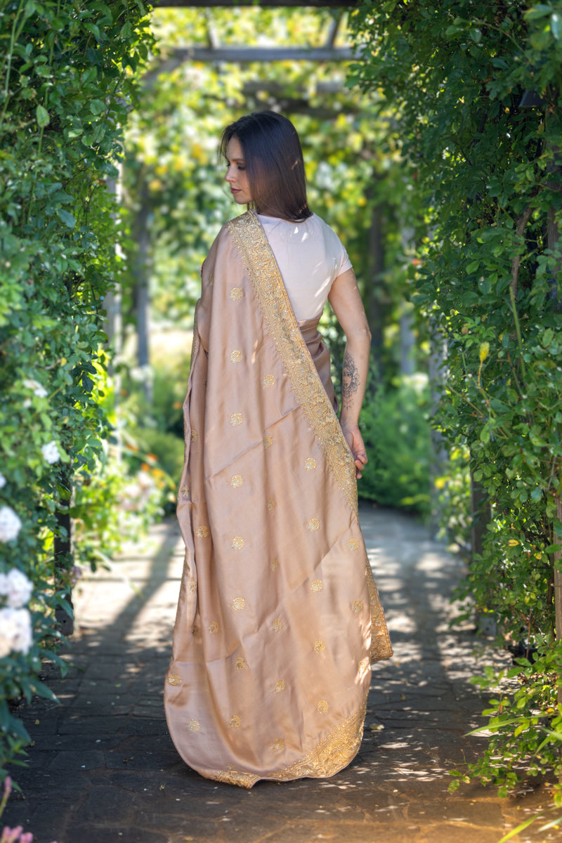 Rosy Tan Chinon Silk Saree