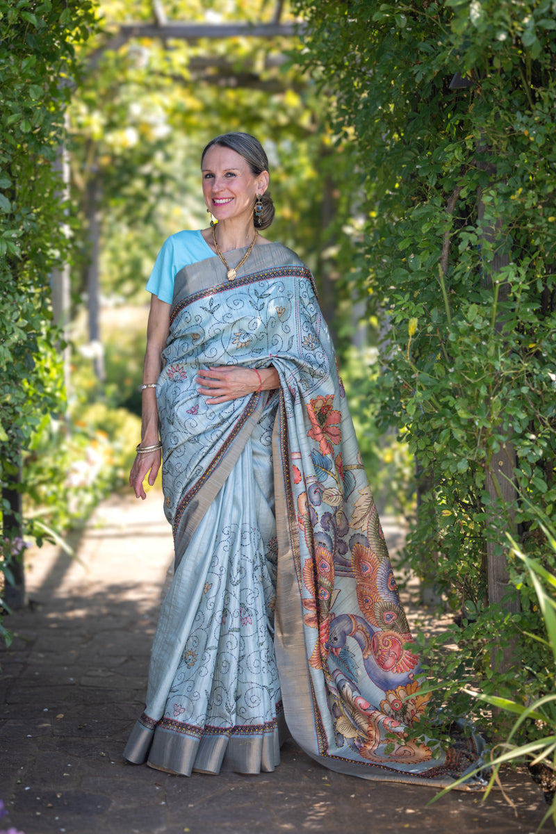 Wedgewood Grey Crepe Cotton Digital Print Saree