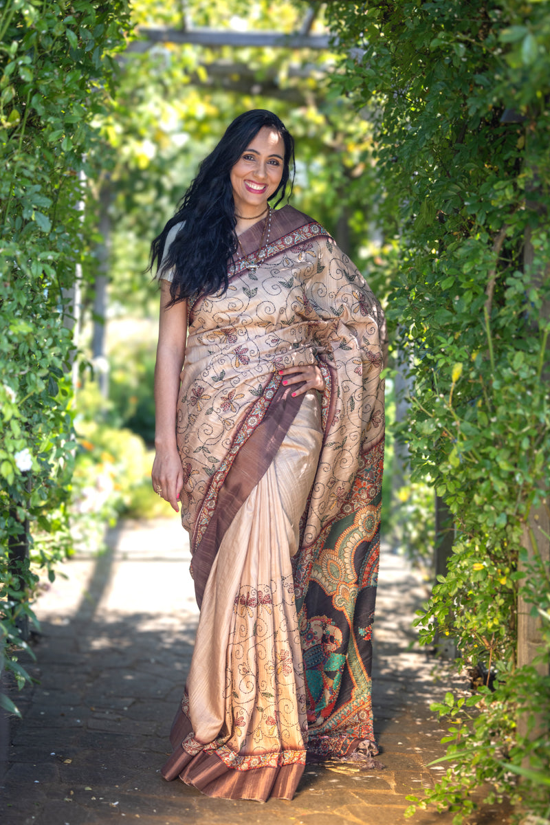 Golden Beige Crepe Cotton Digital Print Saree