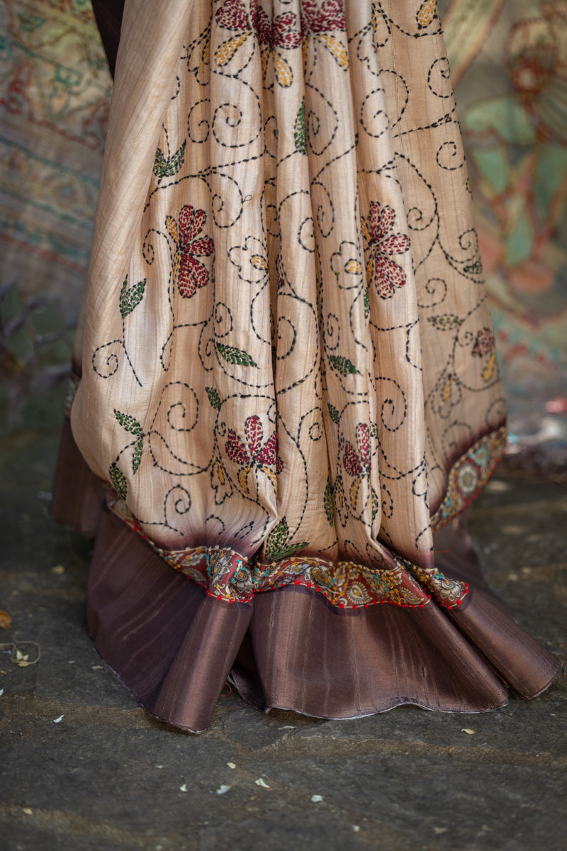 Golden Beige Crepe Cotton Digital Print Saree