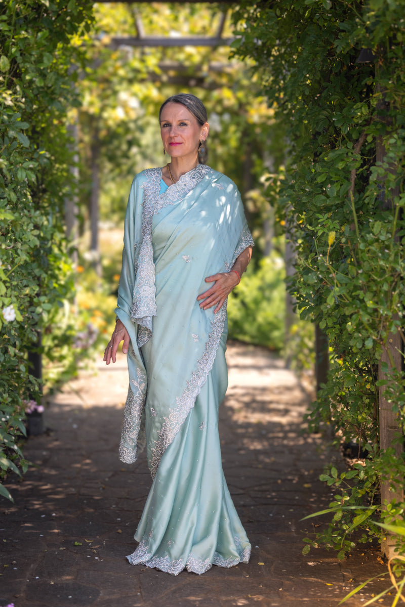 Pastel Mint Satin Crystals Embellished Saree