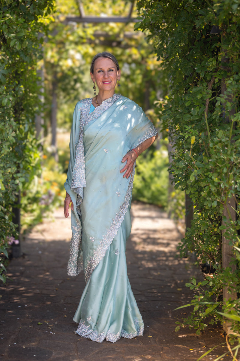 Pastel Mint Satin Crystals Embellished Saree