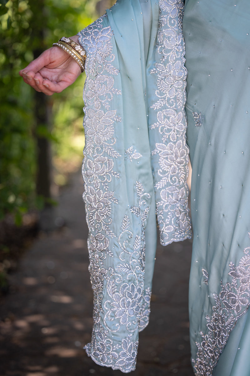 Pastel Mint Satin Crystals Embellished Saree