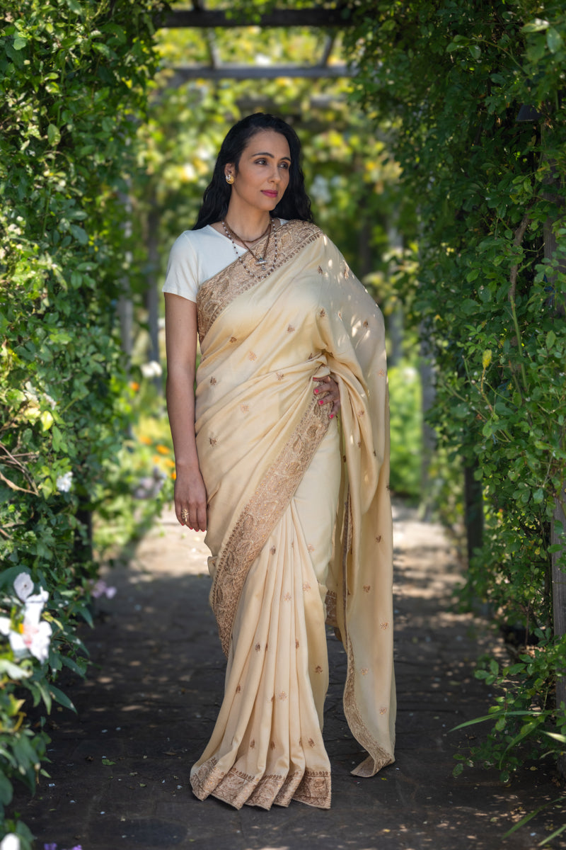 Golden Cream Chinon Silk Saree