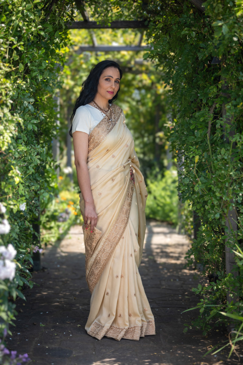 Golden Cream Chinon Silk Saree