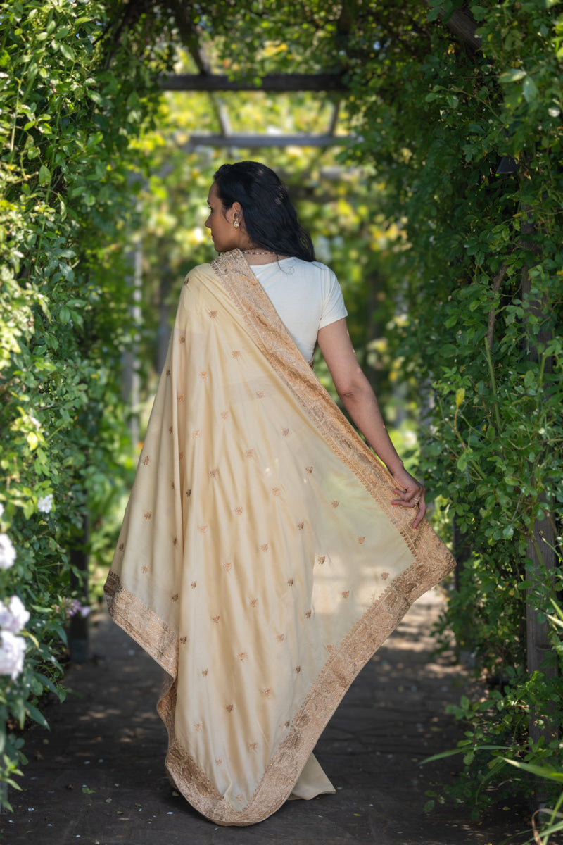 Golden Cream Chinon Silk Saree