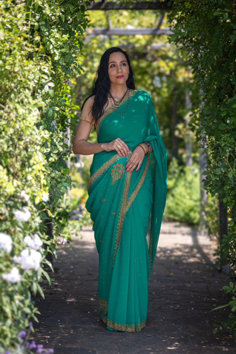 Aquamarine Green Embroidered Georgette Saree