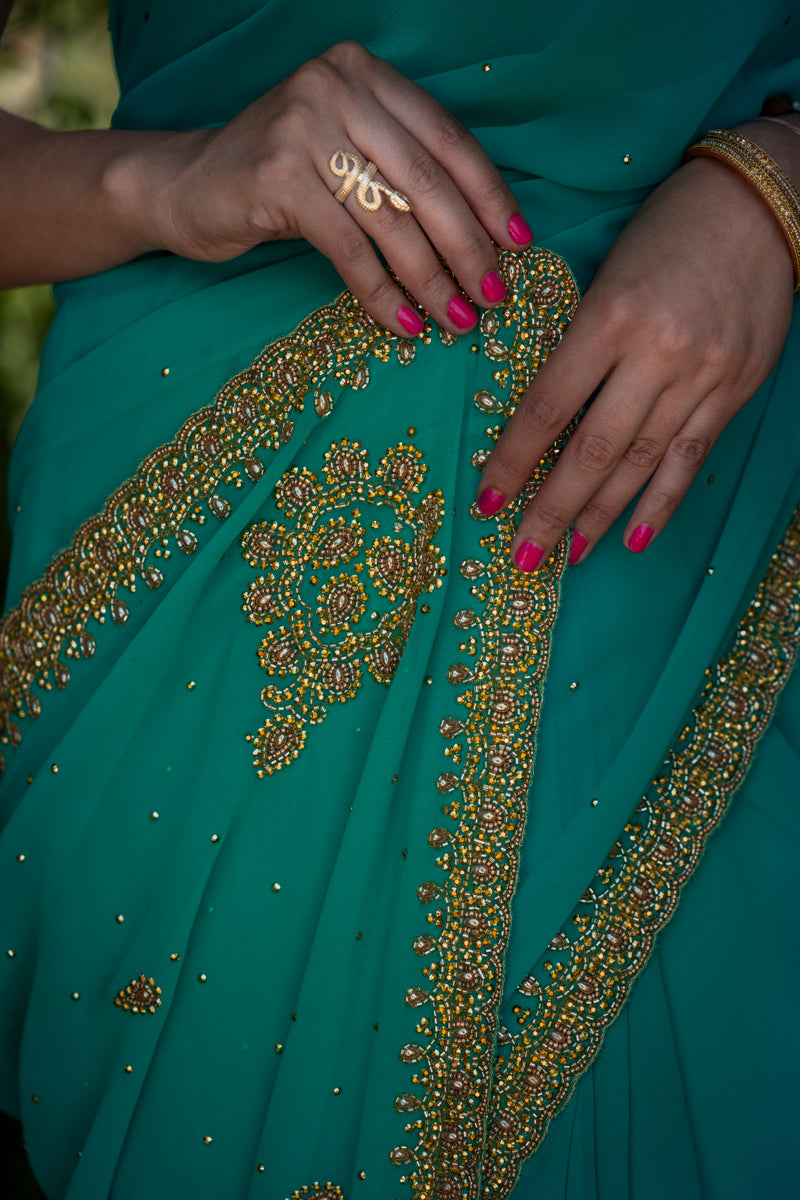 Aquamarine Green Embroidered Georgette Saree