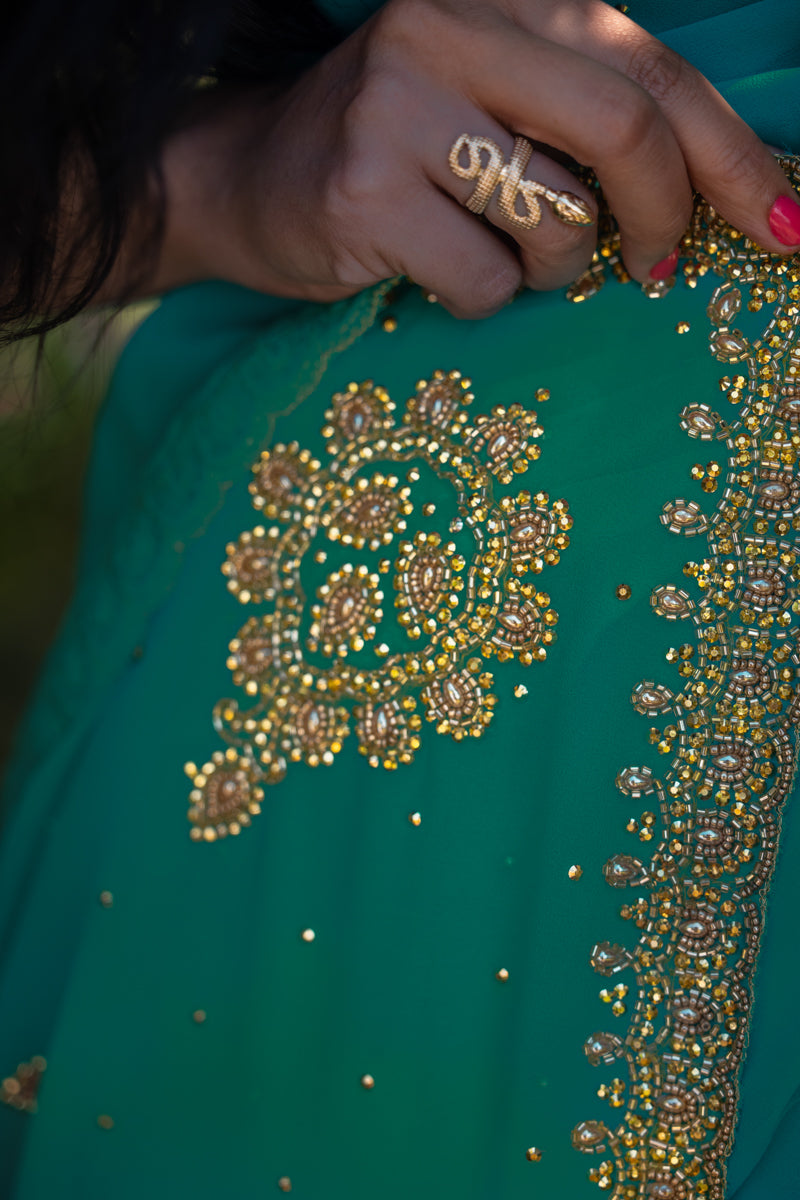 Aquamarine Green Embroidered Georgette Saree