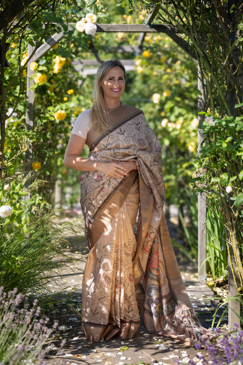 Mocha Beige Crepe Cotton Digital Print Saree