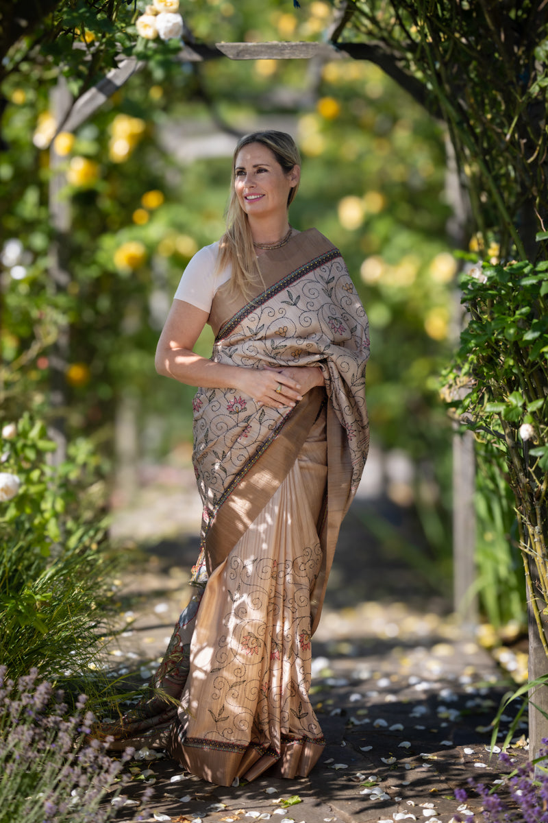 Mocha Beige Crepe Cotton Digital Print Saree