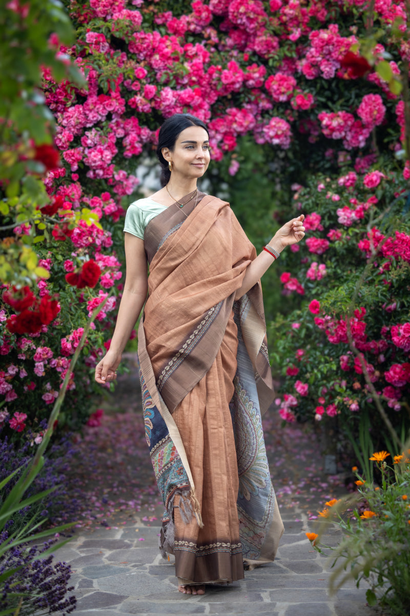 Caramel Brown Crepe Cotton Digital Print Saree