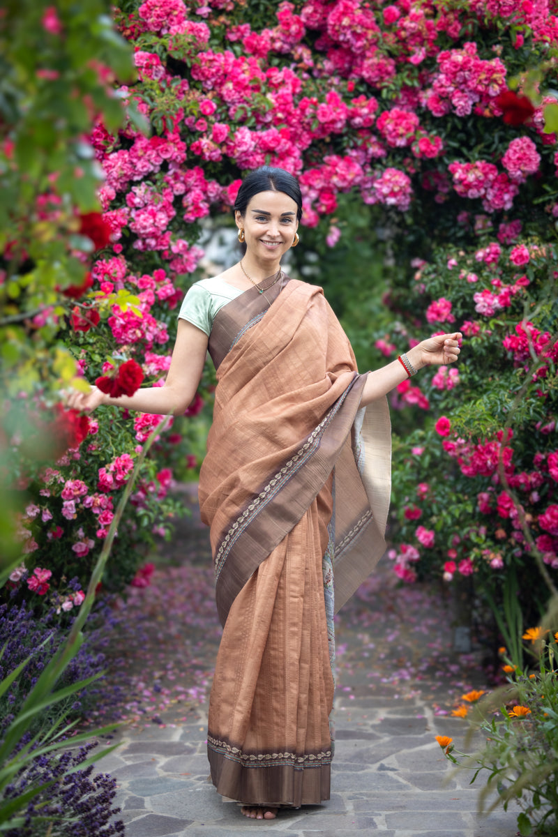 Caramel Brown Crepe Cotton Digital Print Saree