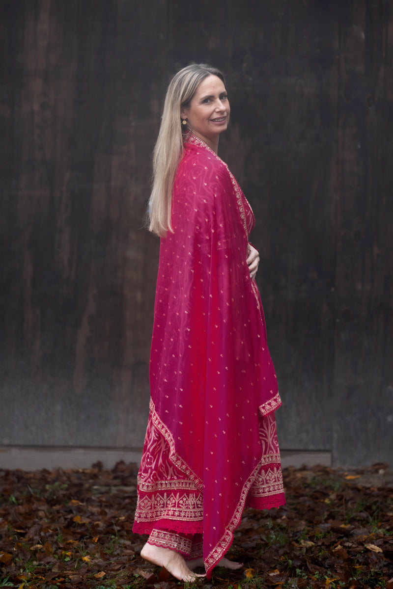 Fuschia Pink Embroidered Vichitra Anarkali Set