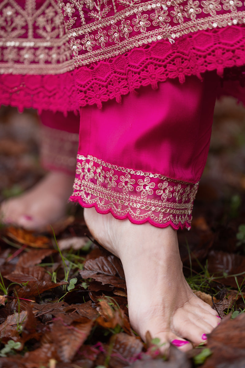 Set Vichitra Anarkali ricamato rosa fucsia