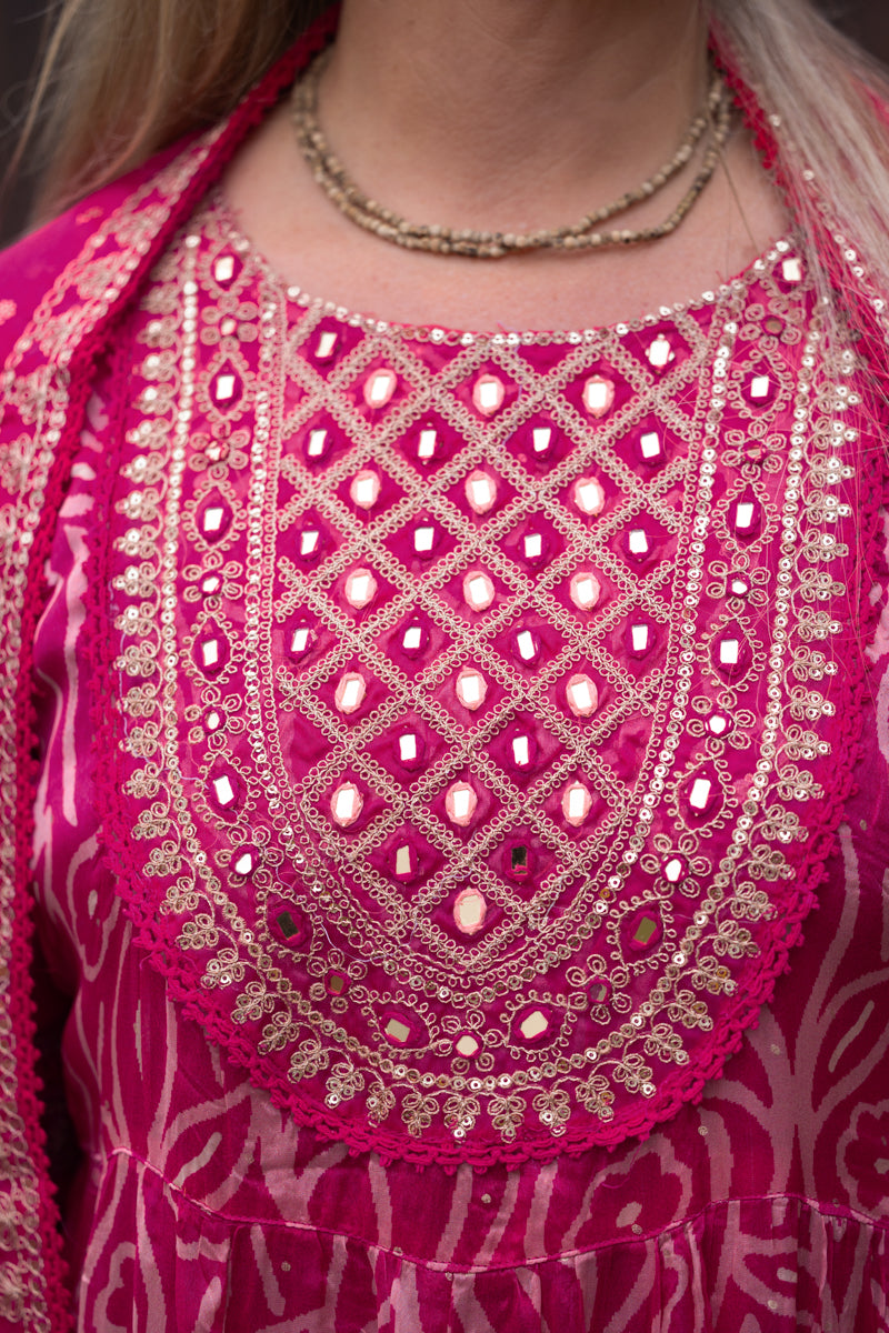 Fuschia Pink Embroidered Vichitra Anarkali Set