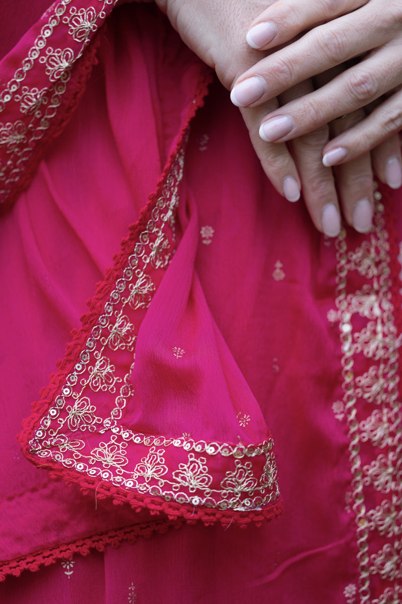 Fuschia Pink Embroidered Vichitra Anarkali Set