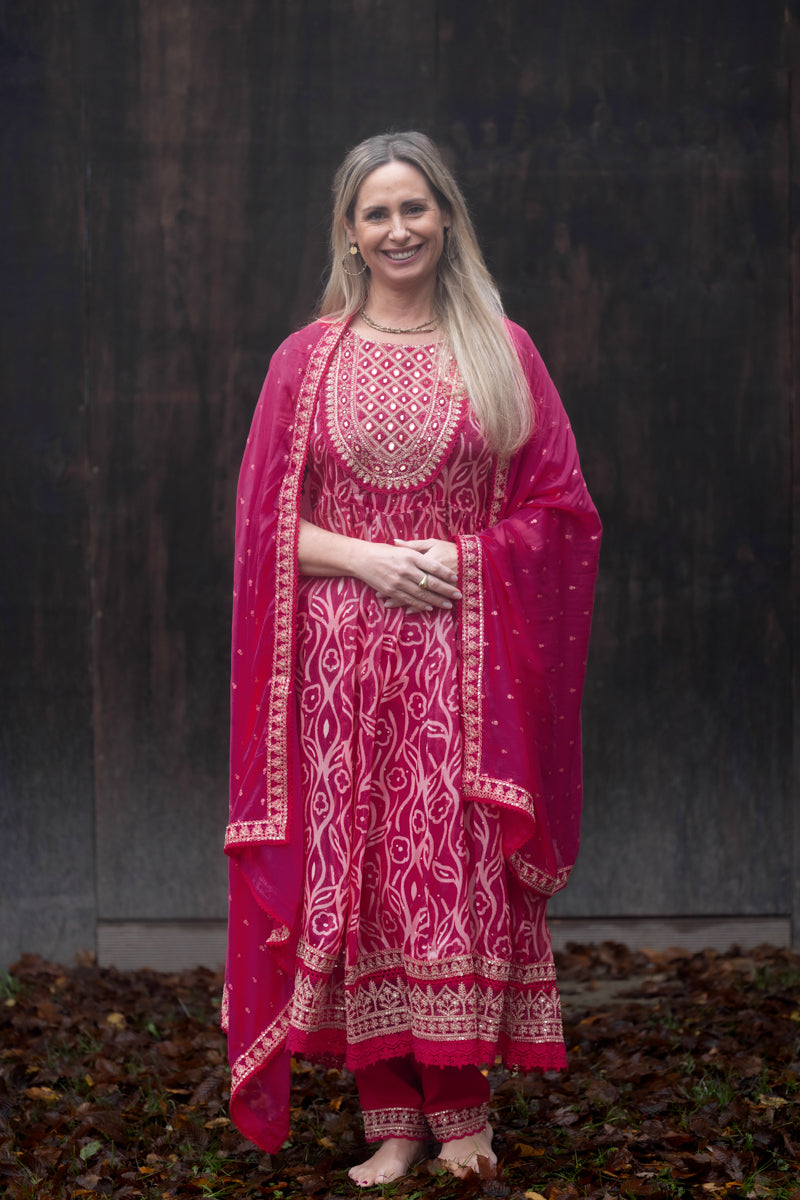 Fuschia Pink Embroidered Vichitra Anarkali Set