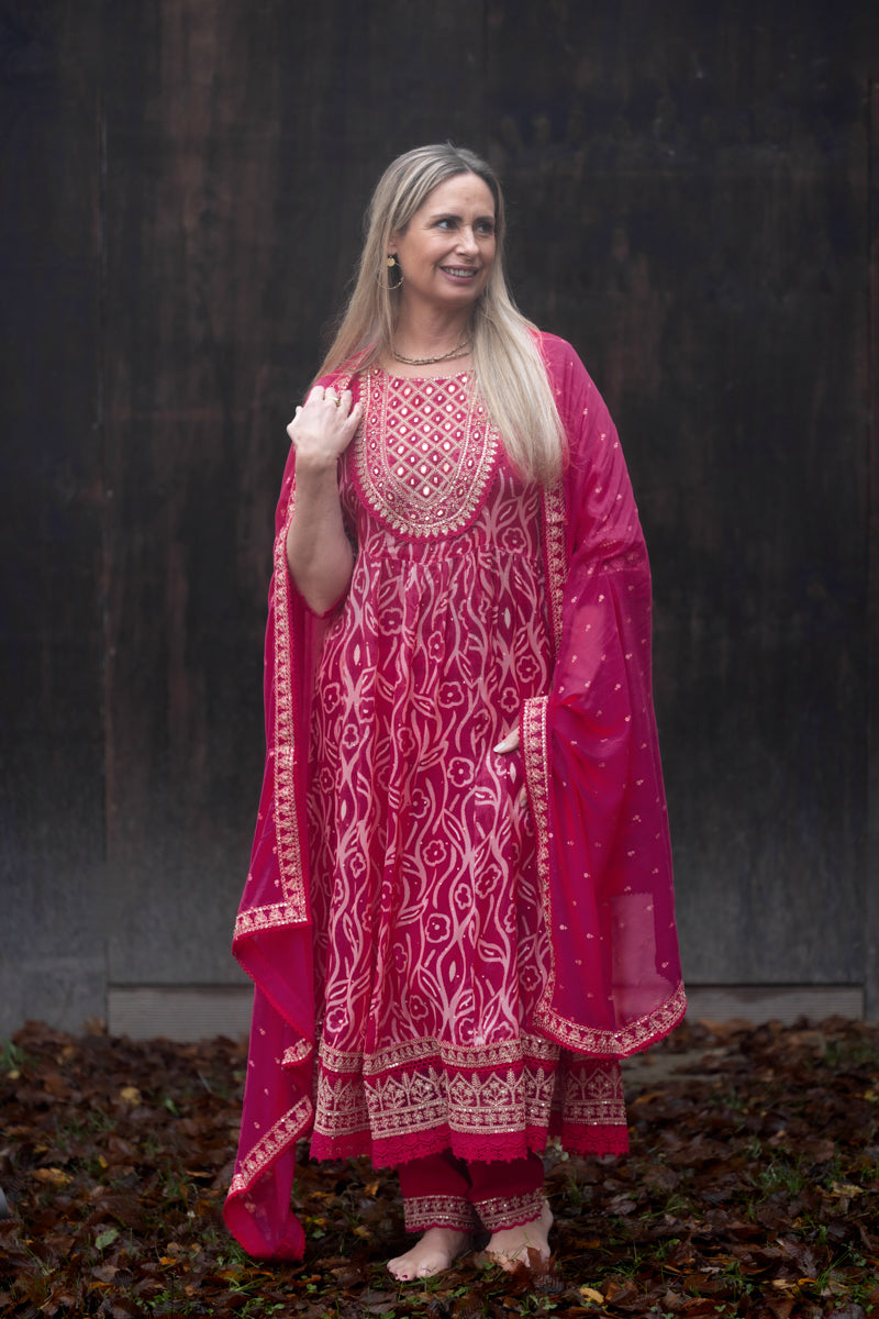 Fuschia Pink Embroidered Vichitra Anarkali Set