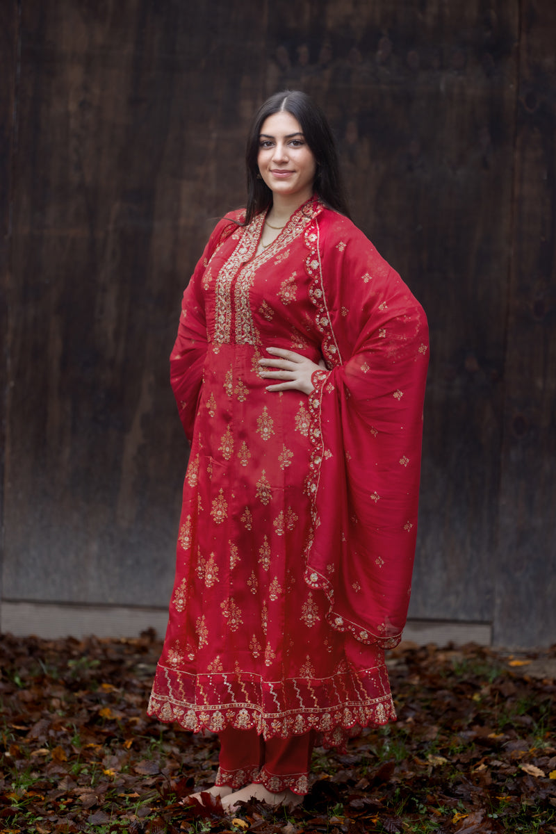 Red Embroidered Anarkali Kurti With Pants & Dupatta