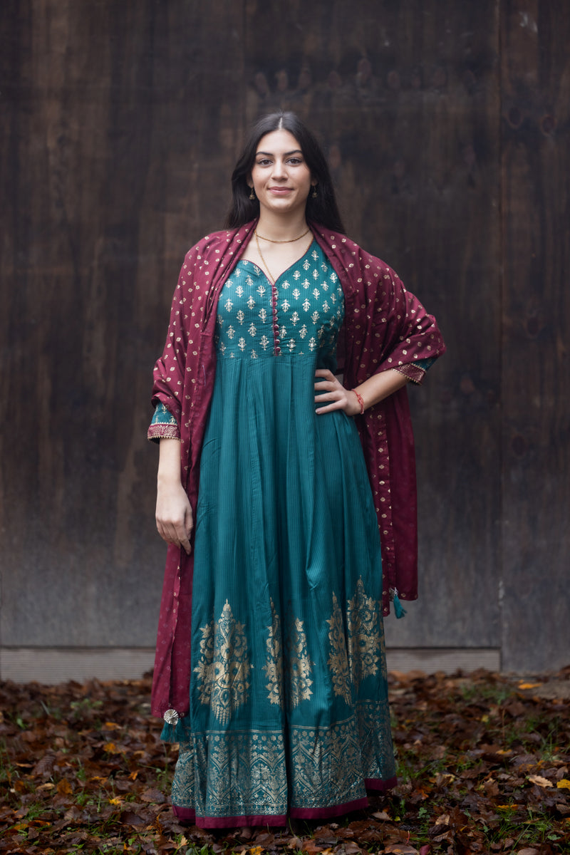 Pine Green Gold Foil Printed Long Anarkali Dress