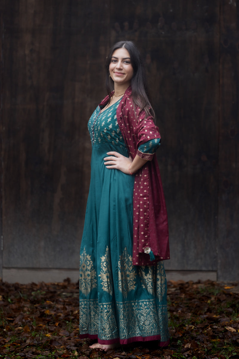 Pine Green Gold Foil Printed Long Anarkali Dress