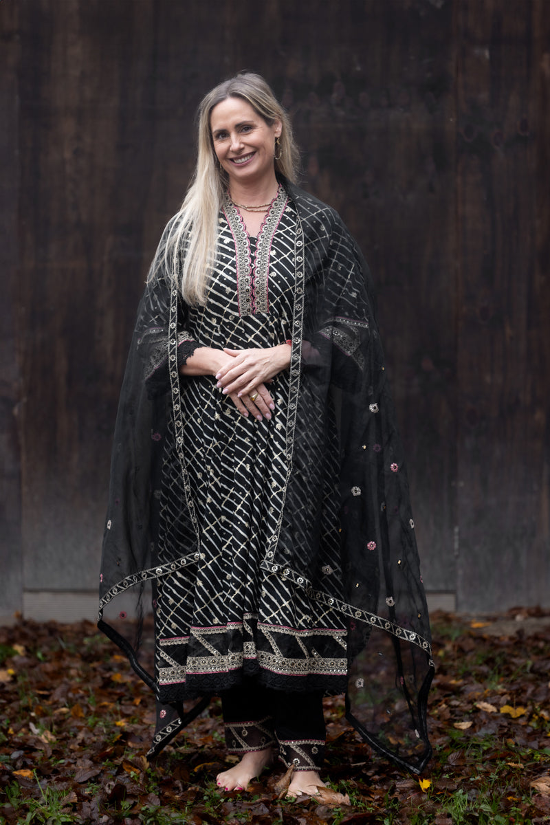 Black Embroidered Anarkali Kurti With Pants & Dupatta