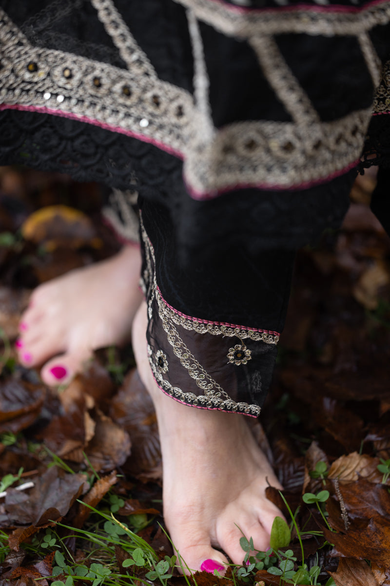 Black Embroidered Anarkali Kurti With Pants & Dupatta