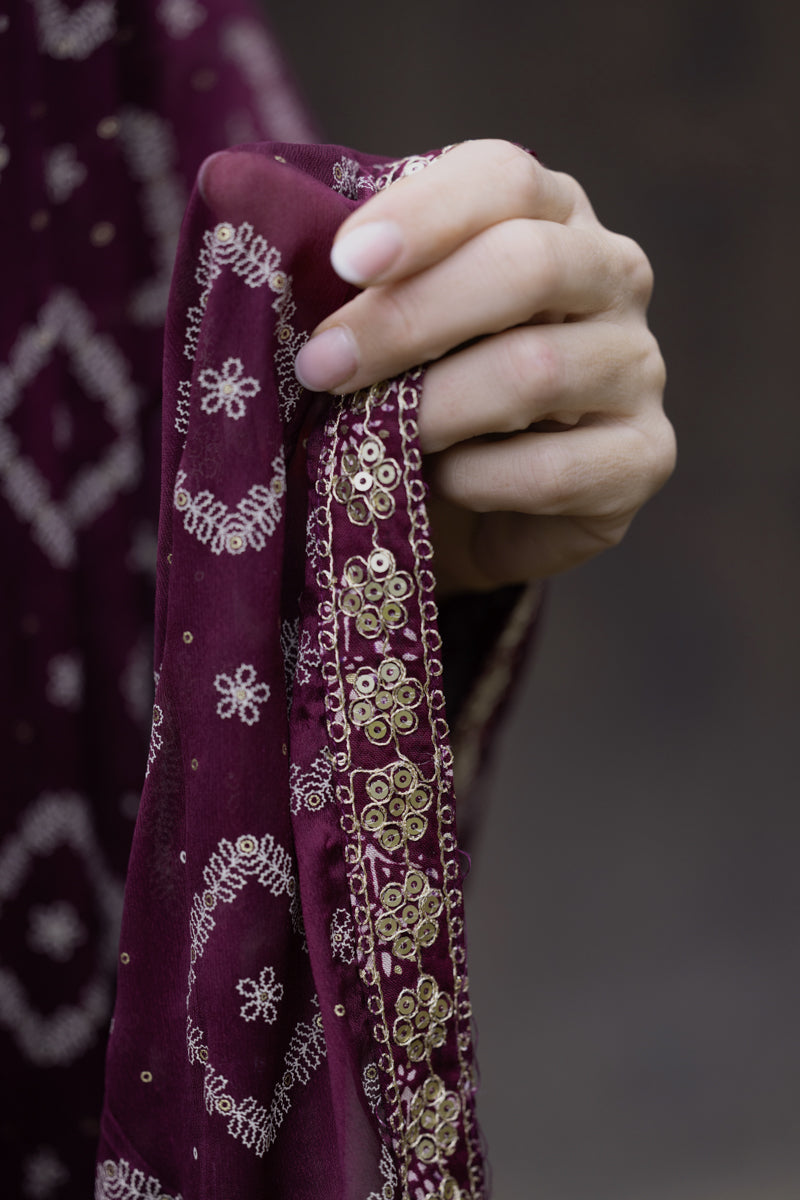 Purple Embroidered Anarkali Kurti With Pants & Dupatta