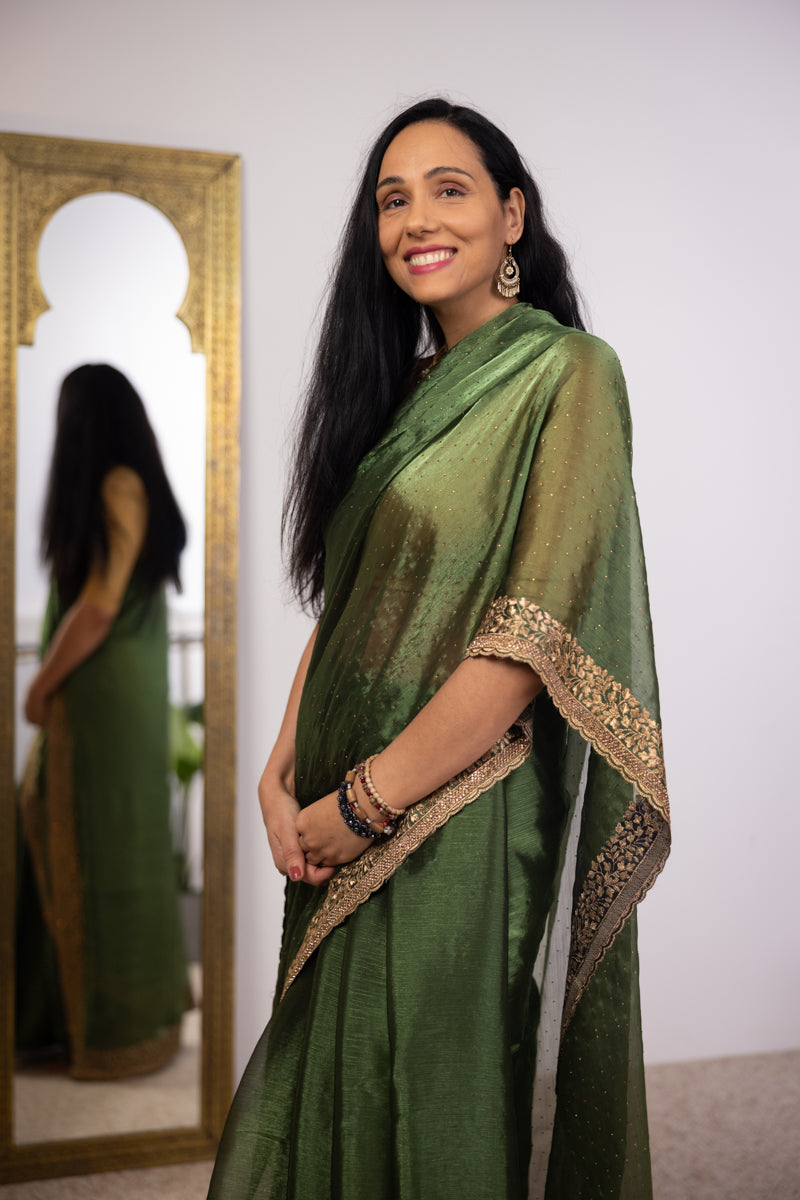 Natural Green Embroidered Georgette Saree