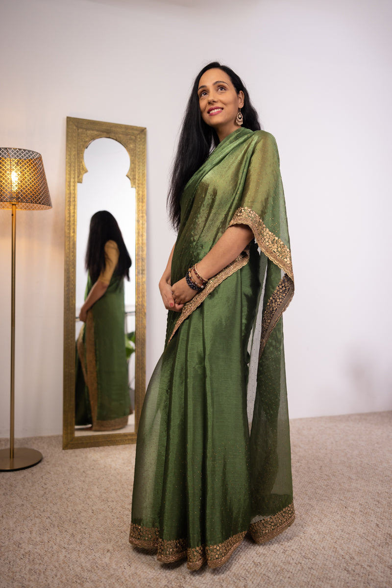 Natural Green Embroidered Georgette Saree