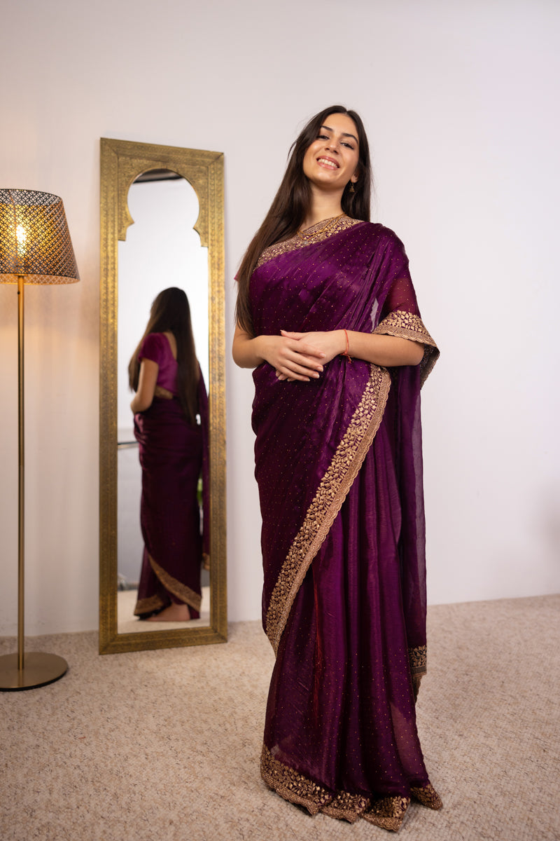 Boysenberry Embroidered Georgette Saree