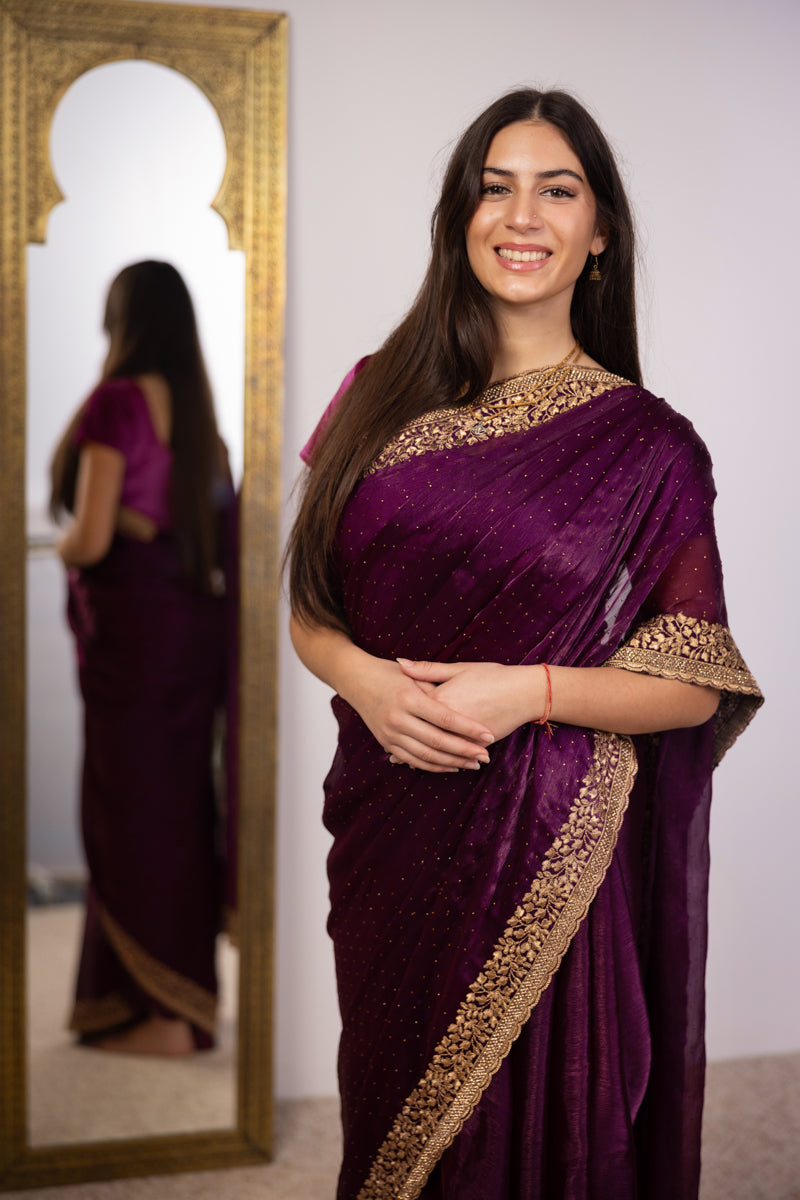 Saree in georgette ricamato Boysenberry