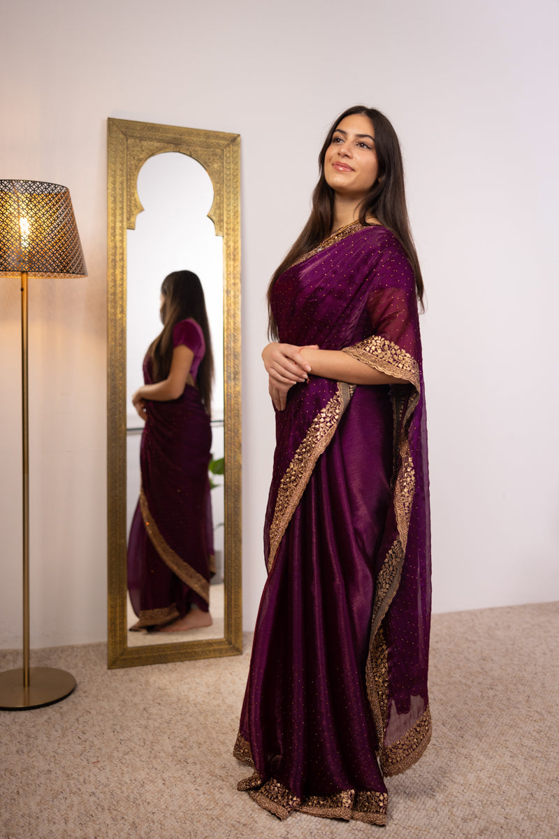 Boysenberry Embroidered Georgette Saree