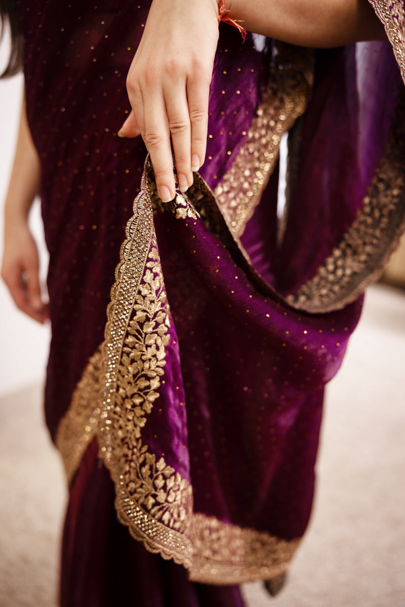 Saree in georgette ricamato Boysenberry