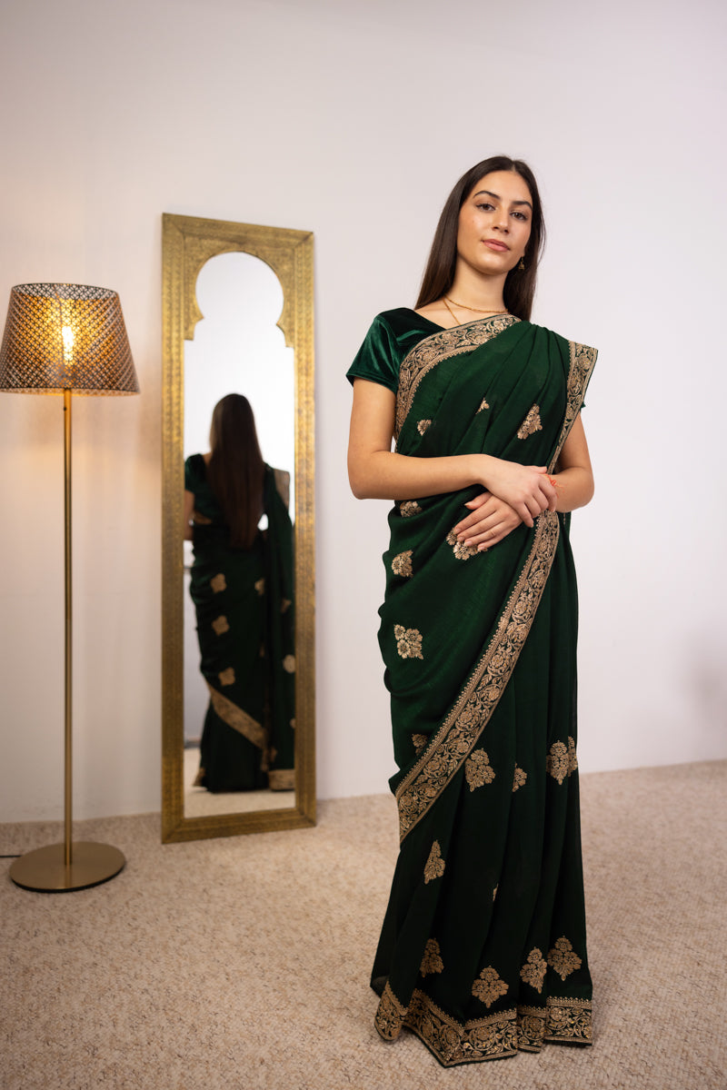 Dark Emerald Green Chinon Silk Saree