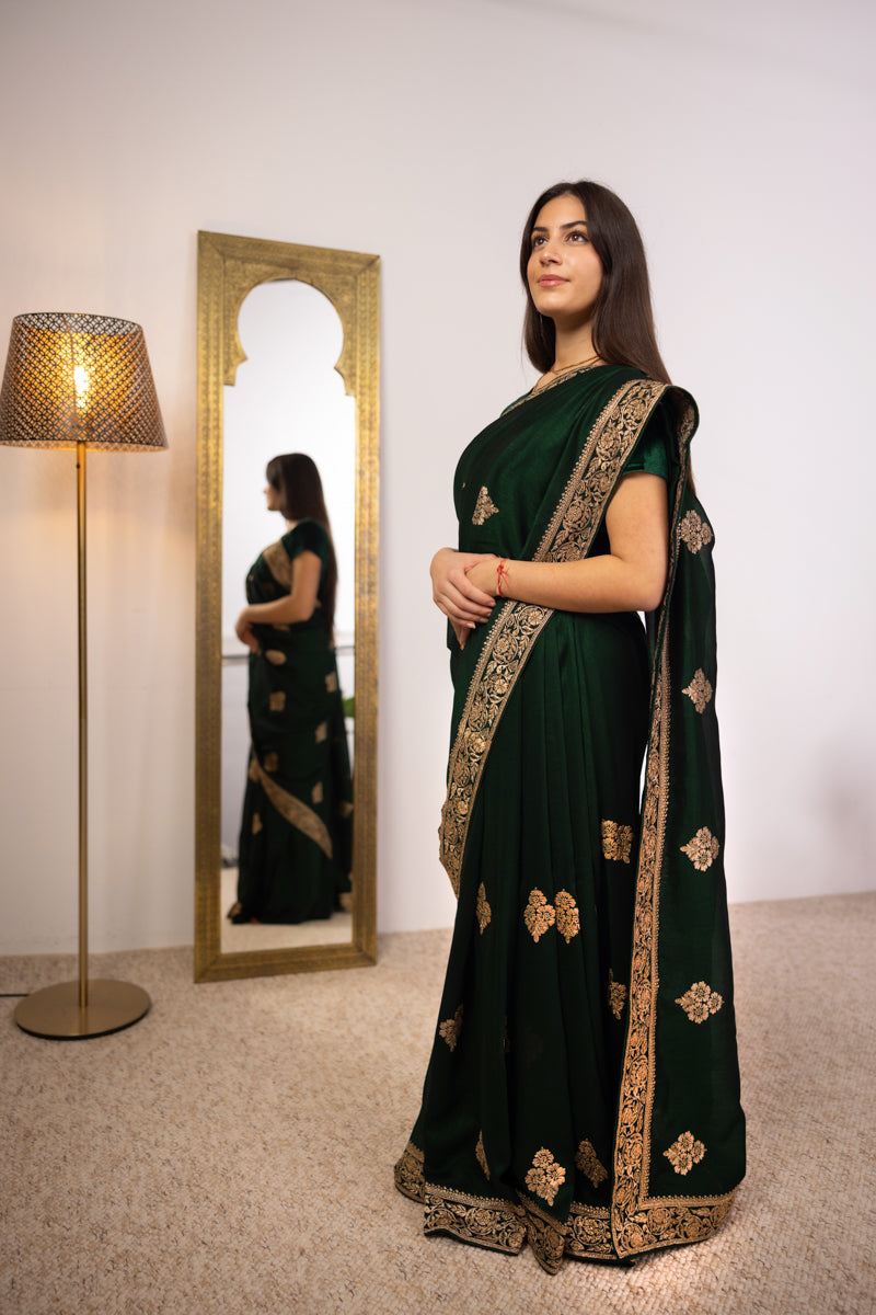 Dark Emerald Green Chinon Silk Saree