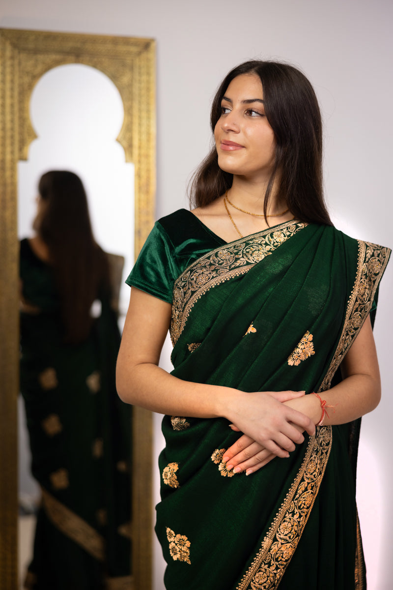 Dark Emerald Green Chinon Silk Saree