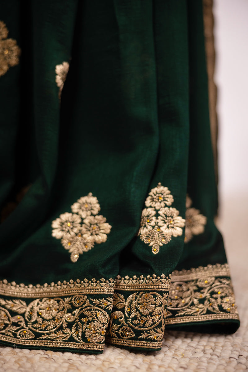 Dark Emerald Green Chinon Silk Saree